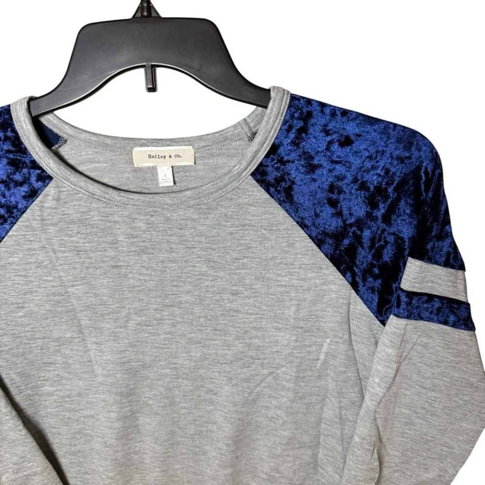 Hailey & Co. Gray w/ Navy Blue Velvet Raglan Long Sleeve Baseball Tee Super Soft - Picture 4 of 11